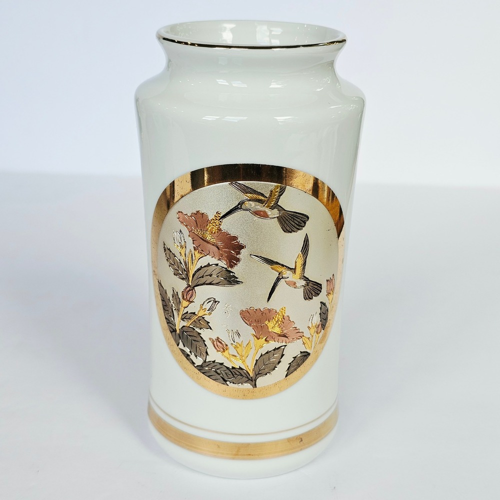 Vintage Chokin Art Porcelain Vase Hummingbird 24K Gold Trim Made in Japan Decor